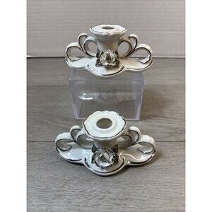 Set of 2 Vintage Dresden Candleholders #6077 w/White & Sliver Trim Flowers